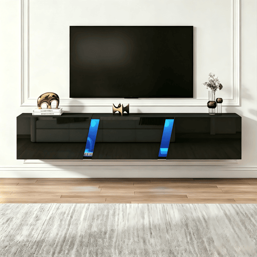 Móvel de TV de parede 180 cm de painel de partículas com 3 portas e luz led,preto Móvel de TV de parede 180 cm de painel de partículas com 3 portas e luz led,preto