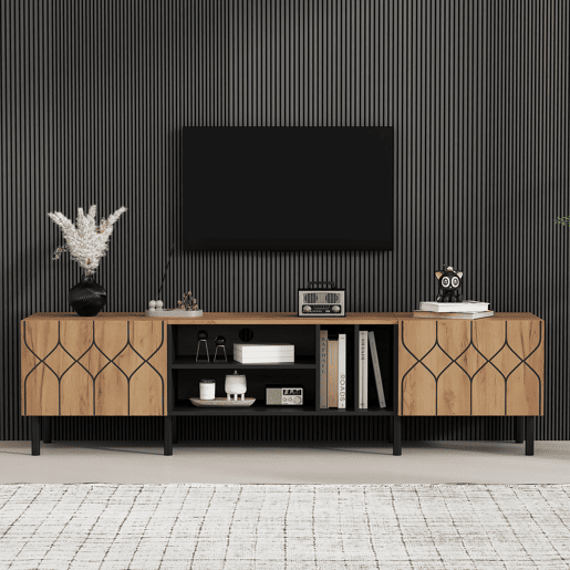 Móvel de TV 180 cm de mdf com 2 portas,preto+madeira Móvel de TV 180 cm de mdf com 2 portas,preto+madeira