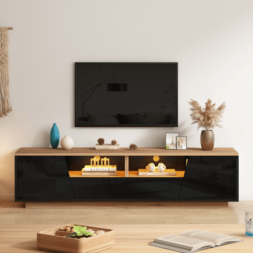 Móvel de TV 180 cm de painel de partículas com 2 portas,2 gavetas e luz led,preto+madeira Móvel de TV 180 cm de painel de partículas com 2 portas,2 gavetas e luz led,preto+madeira