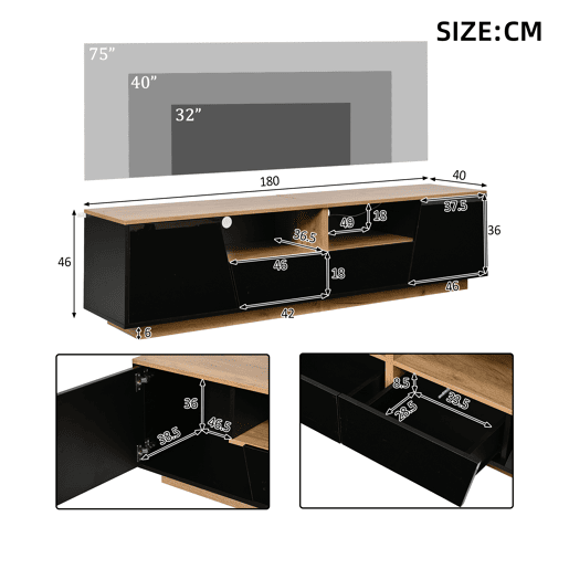 Móvel de TV 180 cm de painel de partículas com 2 portas,2 gavetas e luz led,preto+madeira Móvel de TV 180 cm de painel de partículas com 2 portas,2 gavetas e luz led,preto+madeira