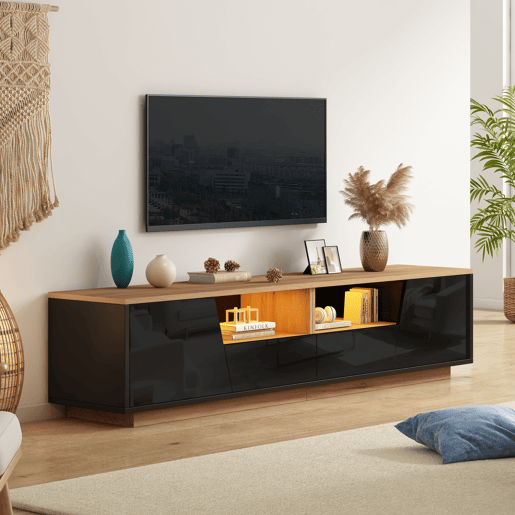 Móvel de TV 180 cm de painel de partículas com 2 portas,2 gavetas e luz led,preto+madeira Móvel de TV 180 cm de painel de partículas com 2 portas,2 gavetas e luz led,preto+madeira