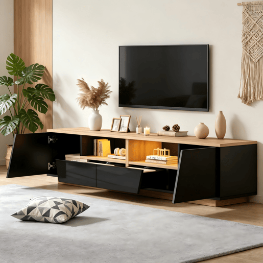 Móvel de TV 180 cm de painel de partículas com 2 portas,2 gavetas e luz led,preto+madeira Móvel de TV 180 cm de painel de partículas com 2 portas,2 gavetas e luz led,preto+madeira