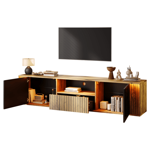 Móvel de TV 180 cm de mdf com 2 portas,1 gaveta e luz led,madeira+preto Móvel de TV 180 cm de mdf com 2 portas,1 gaveta e luz led,madeira+preto