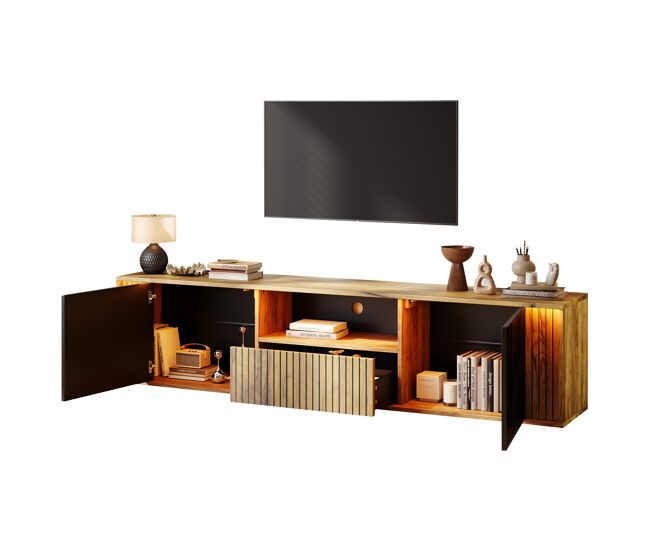 Mueble TV 180 cm de mdf con 2 puertas,1 cajón y luz led,madera+negro