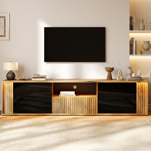 Móvel de TV 180 cm de mdf com 2 portas,1 gaveta e luz led,madeira+preto Móvel de TV 180 cm de mdf com 2 portas,1 gaveta e luz led,madeira+preto