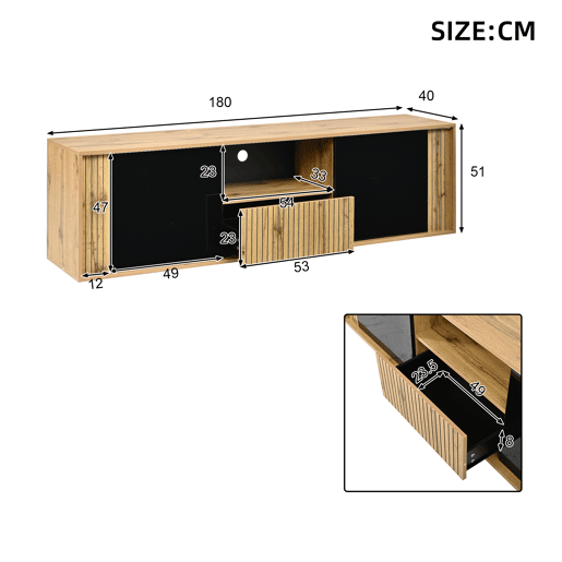 Móvel de TV 180 cm de mdf com 2 portas,1 gaveta e luz led,madeira+preto Móvel de TV 180 cm de mdf com 2 portas,1 gaveta e luz led,madeira+preto