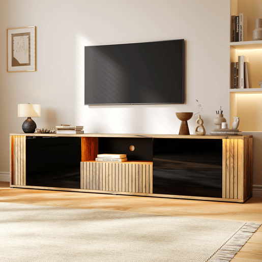 Móvel de TV 180 cm de mdf com 2 portas,1 gaveta e luz led,madeira+preto Móvel de TV 180 cm de mdf com 2 portas,1 gaveta e luz led,madeira+preto