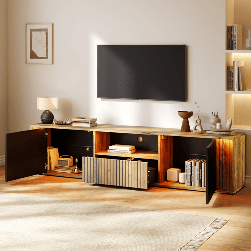 Móvel de TV 180 cm de mdf com 2 portas,1 gaveta e luz led,madeira+preto Móvel de TV 180 cm de mdf com 2 portas,1 gaveta e luz led,madeira+preto