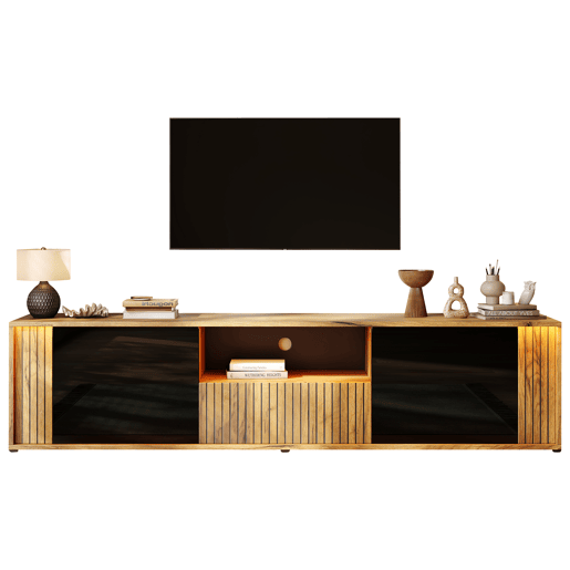 Móvel de TV 180 cm de mdf com 2 portas,1 gaveta e luz led,madeira+preto Móvel de TV 180 cm de mdf com 2 portas,1 gaveta e luz led,madeira+preto
