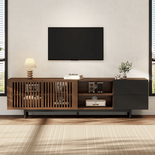 Móvel de TV 160 cm de mdf com 2 portas e 2 gavetas,madeira+preto Móvel de TV 160 cm de mdf com 2 portas e 2 gavetas,madeira+preto
