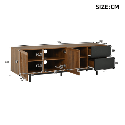 Móvel de TV 160 cm de mdf com 2 portas e 2 gavetas,madeira+preto Móvel de TV 160 cm de mdf com 2 portas e 2 gavetas,madeira+preto