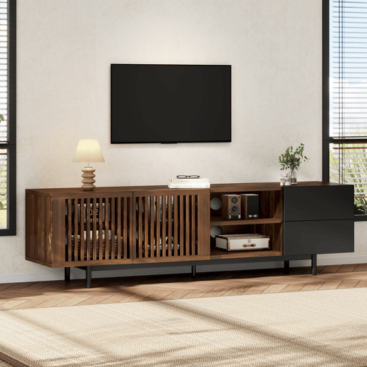 Móvel de TV 160 cm de mdf com 2 portas e 2 gavetas,madeira+preto Móvel de TV 160 cm de mdf com 2 portas e 2 gavetas,madeira+preto