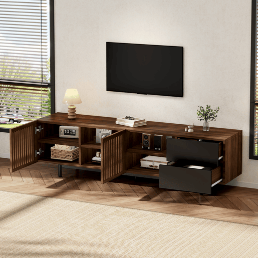 Móvel de TV 160 cm de mdf com 2 portas e 2 gavetas,madeira+preto Móvel de TV 160 cm de mdf com 2 portas e 2 gavetas,madeira+preto