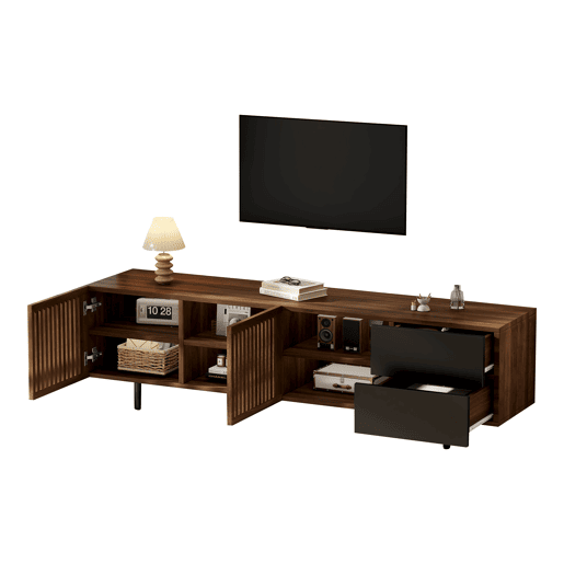 Móvel de TV 160 cm de mdf com 2 portas e 2 gavetas,madeira+preto Móvel de TV 160 cm de mdf com 2 portas e 2 gavetas,madeira+preto