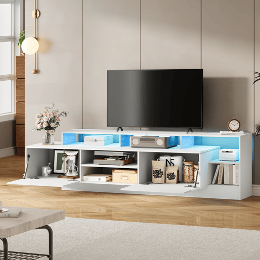 Móvel de TV 190 cm de painel de partículas com 2 portas giratórias e luz led,branco Móvel de TV 190 cm de painel de partículas com 2 portas giratórias e luz led,branco