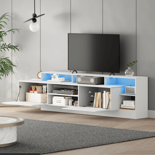 Móvel de TV 190 cm de painel de partículas com 2 portas giratórias e luz led,branco Móvel de TV 190 cm de painel de partículas com 2 portas giratórias e luz led,branco