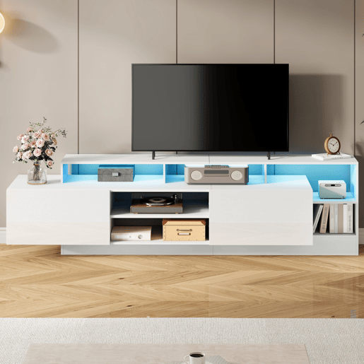 Móvel de TV 190 cm de painel de partículas com 2 portas giratórias e luz led,branco Móvel de TV 190 cm de painel de partículas com 2 portas giratórias e luz led,branco
