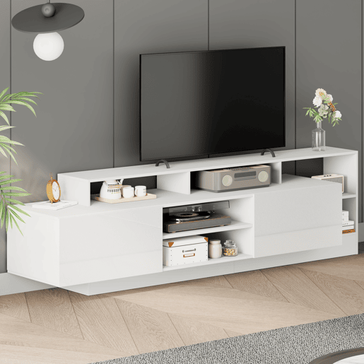 Móvel de TV 190 cm de painel de partículas com 2 portas giratórias e luz led,branco Móvel de TV 190 cm de painel de partículas com 2 portas giratórias e luz led,branco