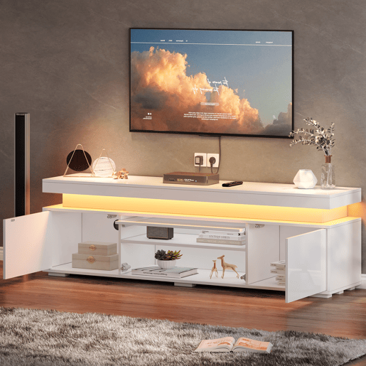 Móvel de TV 150 cm de painel de partículas com 3 portas e luz led,branco Móvel de TV 150 cm de painel de partículas com 3 portas e luz led,branco