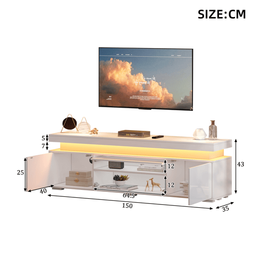 Móvel de TV 150 cm de painel de partículas com 3 portas e luz led,branco Móvel de TV 150 cm de painel de partículas com 3 portas e luz led,branco