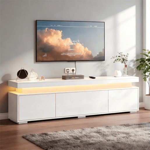 Móvel de TV 150 cm de painel de partículas com 3 portas e luz led,branco Móvel de TV 150 cm de painel de partículas com 3 portas e luz led,branco