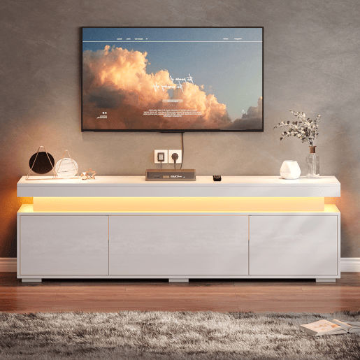 Móvel de TV 150 cm de painel de partículas com 3 portas e luz led,branco Móvel de TV 150 cm de painel de partículas com 3 portas e luz led,branco