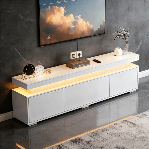 Móvel de TV 150 cm de painel de partículas com 3 portas e luz led,branco Móvel de TV 150 cm de painel de partículas com 3 portas e luz led,branco