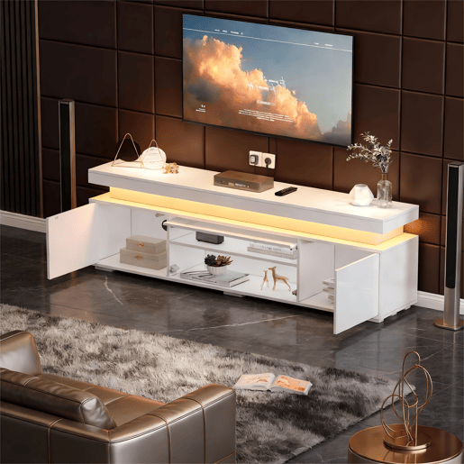 Móvel de TV 150 cm de painel de partículas com 3 portas e luz led,branco Móvel de TV 150 cm de painel de partículas com 3 portas e luz led,branco
