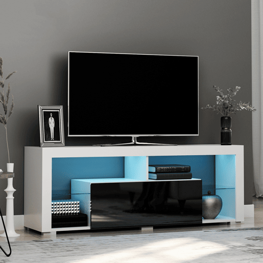 Suporte para TV de 55 polegadas, mesa de TV para sala de estar com luz LED, 6 modos de cor, 140 x 35 x 52 cm, branca