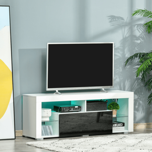 Suporte para TV de 55 polegadas, mesa de TV para sala de estar com luz LED, 6 modos de cor, 140 x 35 x 52 cm, branca