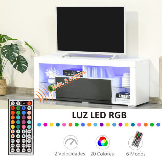 Suporte para TV de 55 polegadas, mesa de TV para sala de estar com luz LED, 6 modos de cor, 140 x 35 x 52 cm, branca