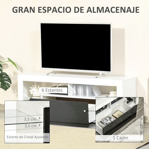 Suporte para TV de 55 polegadas, mesa de TV para sala de estar com luz LED, 6 modos de cor, 140 x 35 x 52 cm, branca