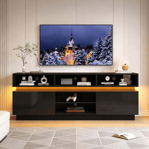Móvel de TV 160 cm de mdf com 2 portas e luz led,preto Móvel de TV 160 cm de mdf com 2 portas e luz led,preto