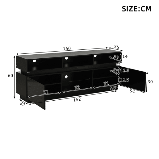 Móvel de TV 160 cm de mdf com 2 portas e luz led,preto Móvel de TV 160 cm de mdf com 2 portas e luz led,preto