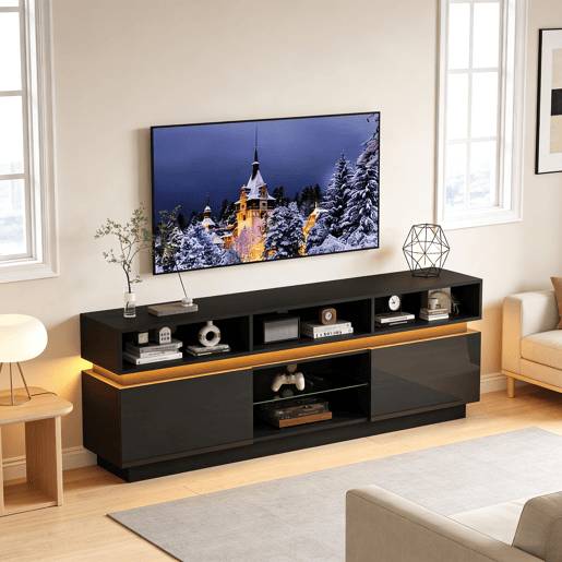 Móvel de TV 160 cm de mdf com 2 portas e luz led,preto Móvel de TV 160 cm de mdf com 2 portas e luz led,preto