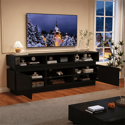 Móvel de TV 160 cm de mdf com 2 portas e luz led,preto Móvel de TV 160 cm de mdf com 2 portas e luz led,preto