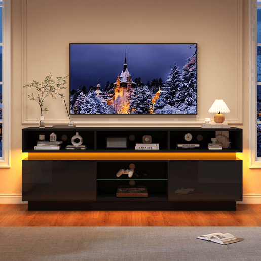 Móvel de TV 160 cm de mdf com 2 portas e luz led,preto Móvel de TV 160 cm de mdf com 2 portas e luz led,preto