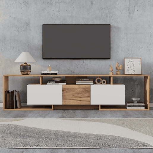 Móvel de TV 180 cm de painel de partículas com 3 portas,madeira+branco Móvel de TV 180 cm de painel de partículas com 3 portas,madeira+branco