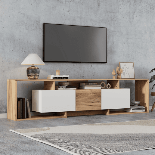 Móvel de TV 180 cm de painel de partículas com 3 portas,madeira+branco Móvel de TV 180 cm de painel de partículas com 3 portas,madeira+branco