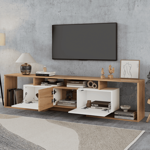 Móvel de TV 180 cm de painel de partículas com 3 portas,madeira+branco Móvel de TV 180 cm de painel de partículas com 3 portas,madeira+branco