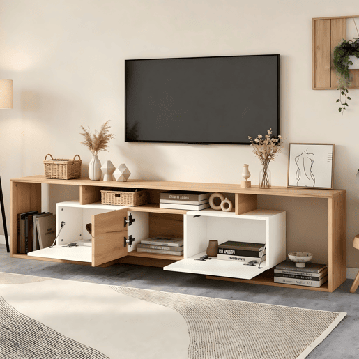 Móvel de TV 180 cm de painel de partículas com 3 portas,madeira+branco Móvel de TV 180 cm de painel de partículas com 3 portas,madeira+branco