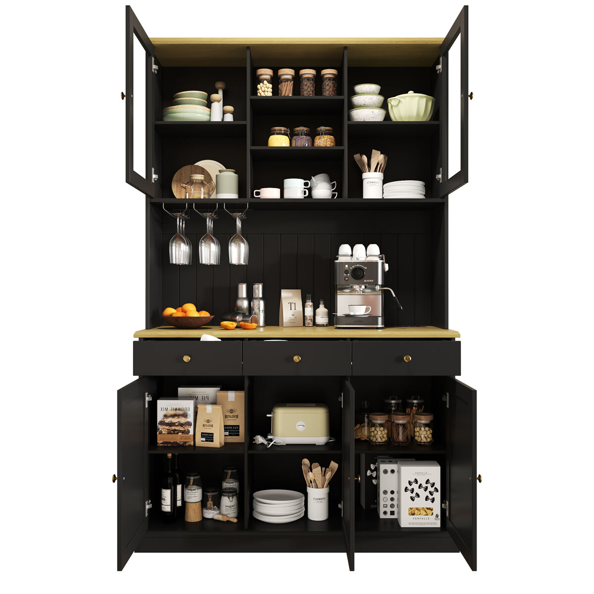 Aparador alto 120x40x191 cm - puertas de cristal, almacenamiento, enchufe y usb - negro