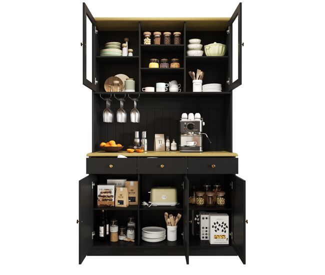 Aparador alto 120x40x191 cm - puertas de cristal, almacenamiento, enchufe y usb - negro