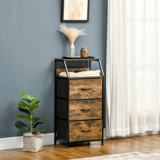 Cômoda com 3 gavetas de tecido, prateleira dobrável e aberta, ideal para sala de estar ou escritório, 44x29x92 cm, marrom rústico Cômoda com 3 gavetas de tecido, prateleira dobrável e aberta, ideal para sala de estar ou escritório, 44x29x92 cm, marrom rústico