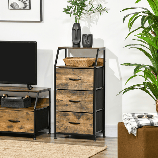 Cômoda com 3 gavetas de tecido, prateleira dobrável e aberta, ideal para sala de estar ou escritório, 44x29x92 cm, marrom rústico Cômoda com 3 gavetas de tecido, prateleira dobrável e aberta, ideal para sala de estar ou escritório, 44x29x92 cm, marrom rústico
