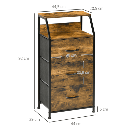 Cômoda com 3 gavetas de tecido, prateleira dobrável e aberta, ideal para sala de estar ou escritório, 44x29x92 cm, marrom rústico Cômoda com 3 gavetas de tecido, prateleira dobrável e aberta, ideal para sala de estar ou escritório, 44x29x92 cm, marrom rústico