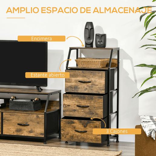 Cômoda com 3 gavetas de tecido, prateleira dobrável e aberta, ideal para sala de estar ou escritório, 44x29x92 cm, marrom rústico Cômoda com 3 gavetas de tecido, prateleira dobrável e aberta, ideal para sala de estar ou escritório, 44x29x92 cm, marrom rústico