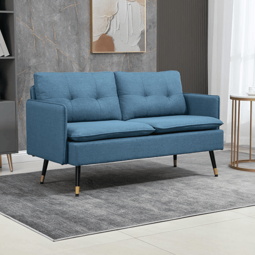 Sofá moderno de 2 lugares para sala de estar com 4 almofadas, apoios de braço e pés de aço, capacidade de carga de 240 kg, 139x68x80 cm, azul