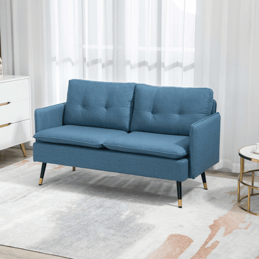 Sofá moderno de 2 lugares para sala de estar com 4 almofadas, apoios de braço e pés de aço, capacidade de carga de 240 kg, 139x68x80 cm, azul
