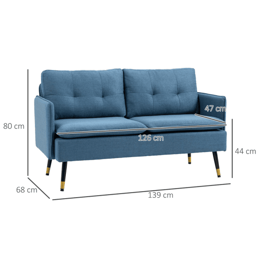 Sofá moderno de 2 lugares para sala de estar com 4 almofadas, apoios de braço e pés de aço, capacidade de carga de 240 kg, 139x68x80 cm, azul